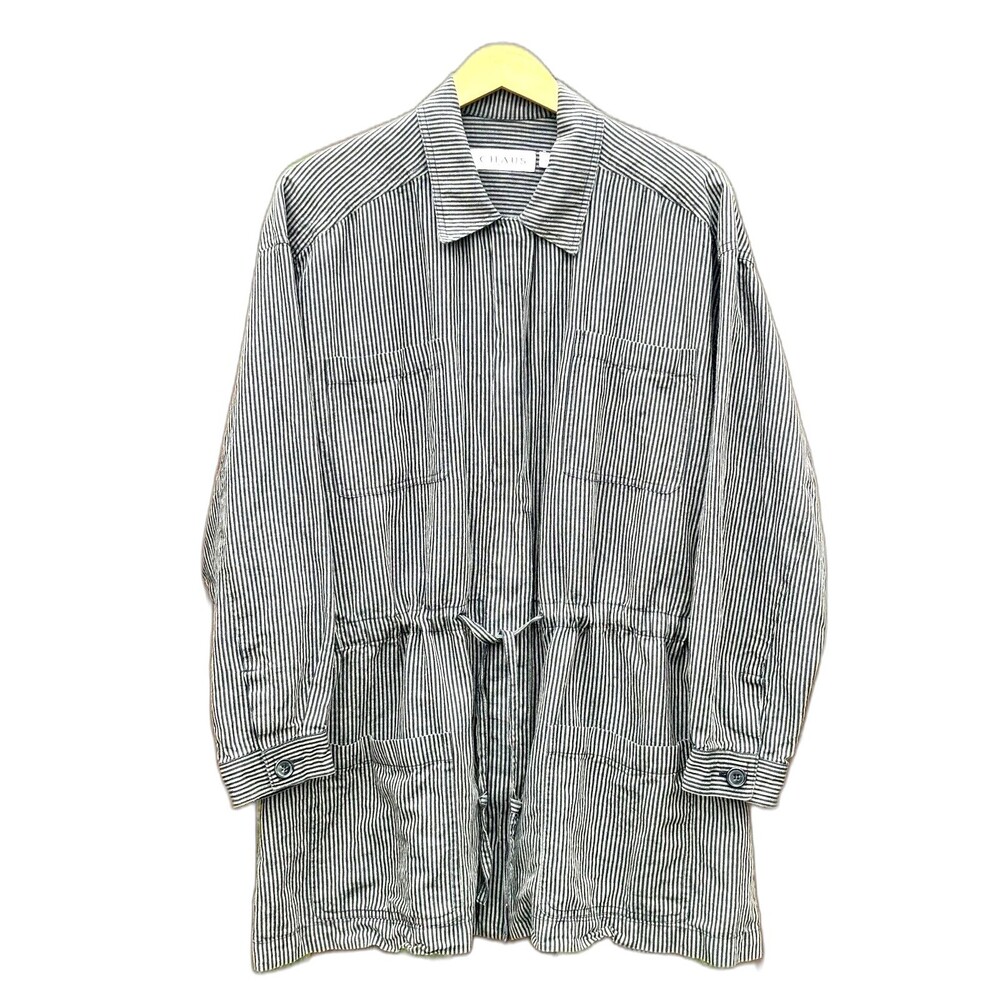 Women’s Gray Blue Pinstripe Linen Light Academia Drawstring Jacket Size L